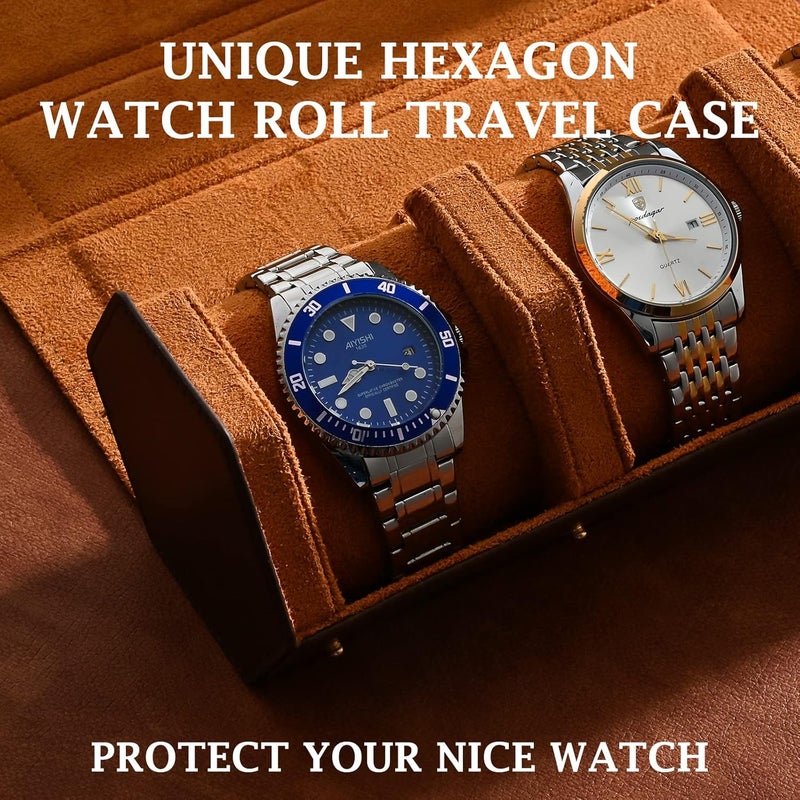 ROSELLE Luxury Leather Watch Roll Travel Case for Men and Women,Travel Watch Case Holds 3 Watches Storage & Display,Designed for steel watch bands &leather metal rubber and bracelets (3 Slot-Hexagon, Brown) - Image 3